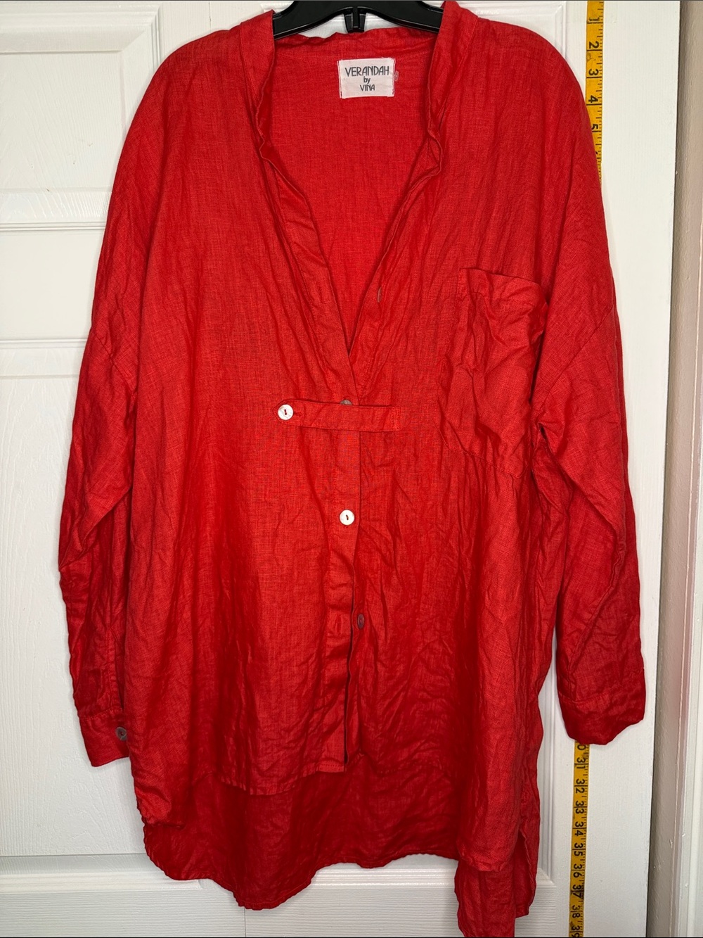 VERANDAH Red Button-Front Women's Linen Shirt